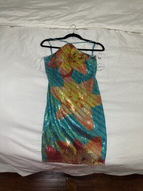 Teal Floral Sequin Mini Dress with Multicolor Star Flowers